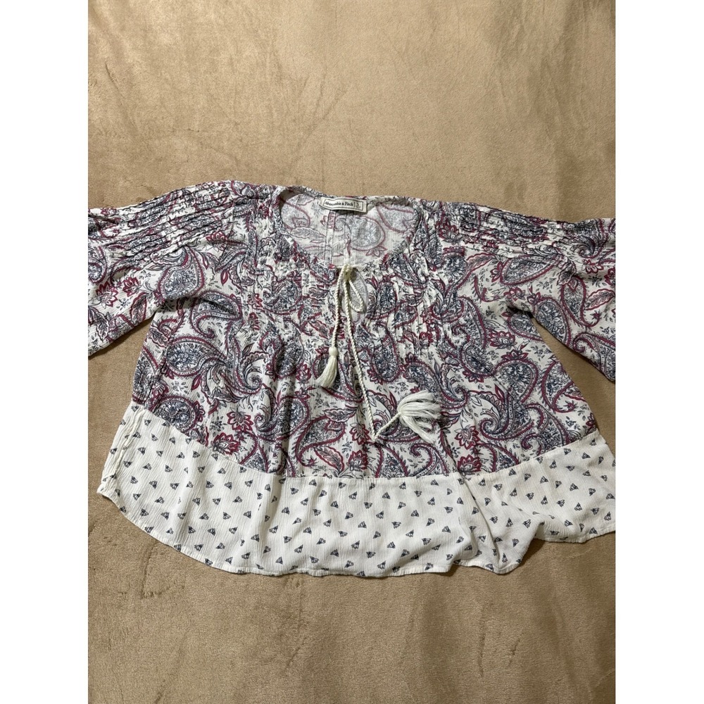 Abercrombie & Fitch Women Small Paisley Boho Peasant Blouse Tassel Top White Red